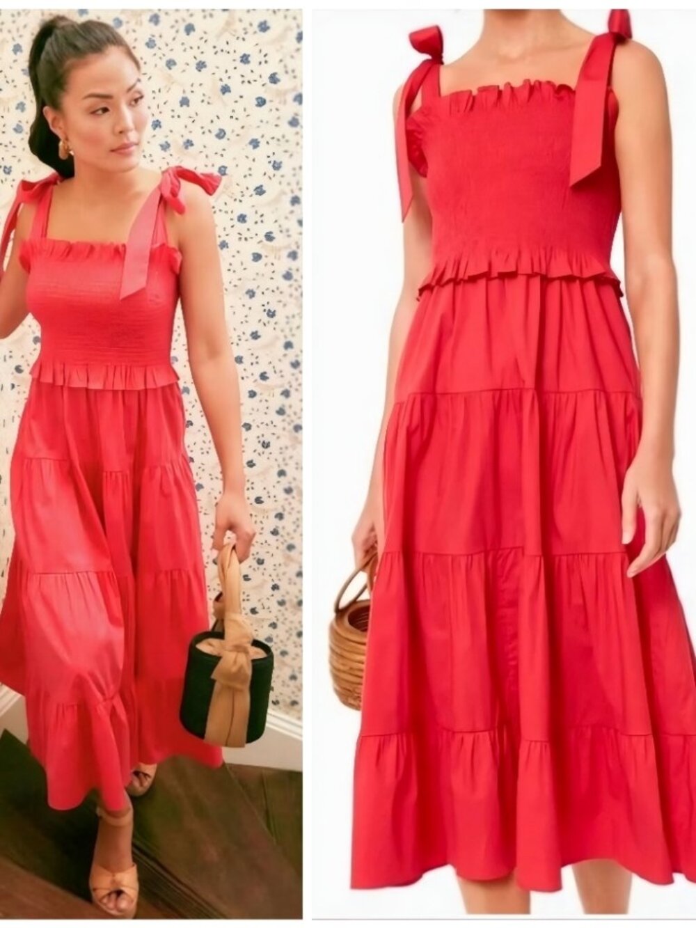 Tuckernuck Pink Smocked Midi Dress Tie Strap Tiered Cotton Sundress